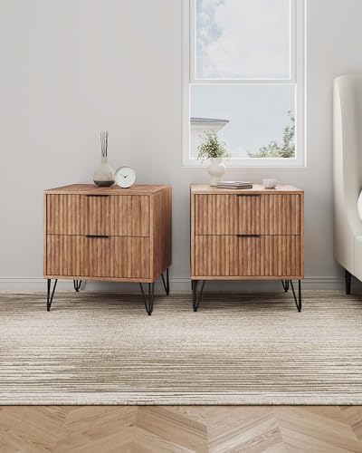 Manhattan Comfort Dumbo Modern Nightstand 2.0 with 2 Metal Feet | Stylish Splayed Gold Legs | Vertical Ribbed Drawer | Perfect for Bedroom, Set of 2, Golden Brown