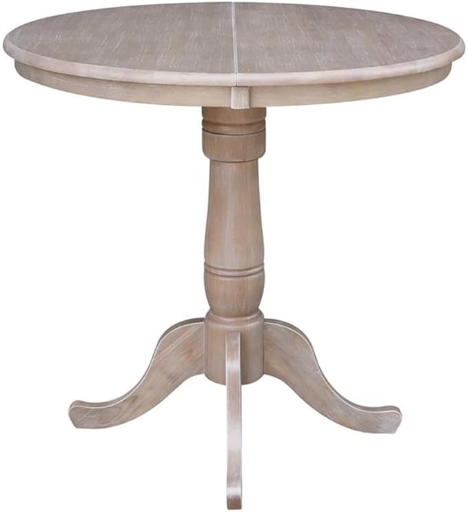 International Concepts 36" Round Top Pedestal Table with 12" Leaf-34.9" H-Dining or Counter Height, Washed Gray Taupe
