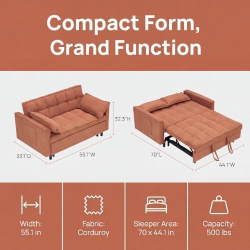 54" Convertible Pull Out Sofa Bed with Adjustable Backrest, Orange