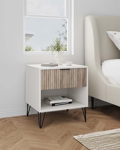 Manhattan Comfort Dumbo Fluted Nightstand with Drawer and Open Shelf, Gold Hairpin Legs and Metal Handle, Snap Tool-Free Assembly, Bedside Accent Table for Bedroom, Living Room in White & Rustic Grey