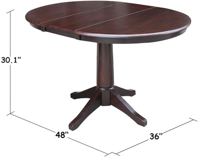 International Concepts 36" Round Top Pedestal Table with 12" Leaf-28.9" H-Dining Height, Rich Mocha