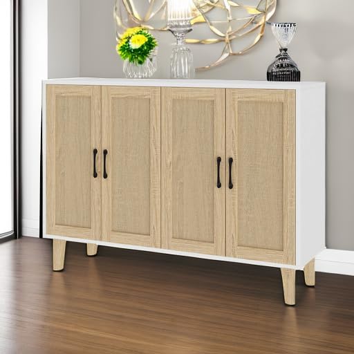Panana Buffet Storage Cabinet with Rattan Decorating 4 Doors Living Room Kitchen Sideboard 48.43 x 34.65 x 15 inch (White)