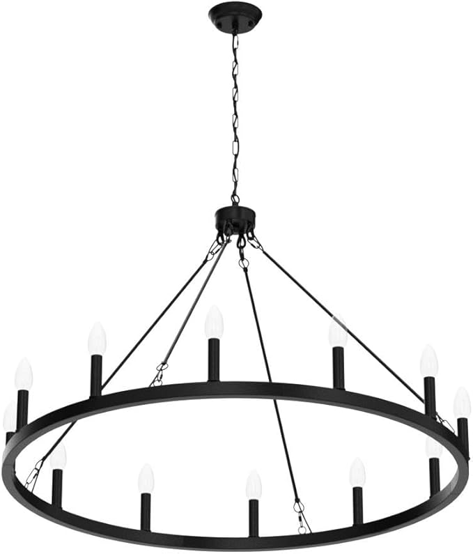 Black Wagon Wheel Chandelier 38 inch,12-Light Farmhouse Wagon Wheel Chandeliers Round Industrial Ceiling Rustic Country Light fixtures for Outdoor Porch high Ceilings Living Dining Room Foyer Entryway
