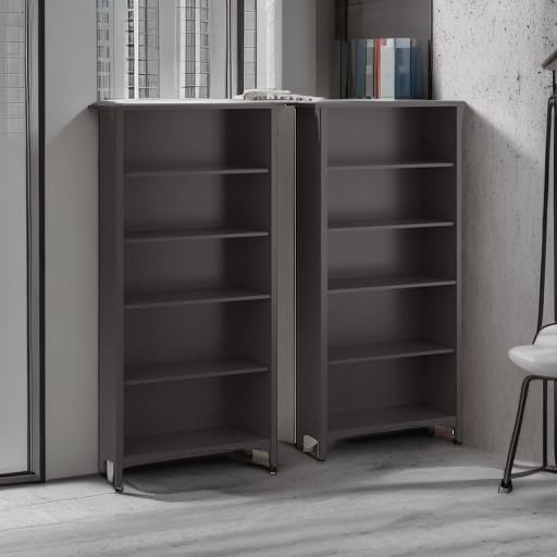 Bush Home Salinas Tall 5 Shelf Bookcase - Set of 2 in Vintage Black, Vertical Office Storage, Bookshelves for Home Workspace, Multi-Purpose Shelving Units