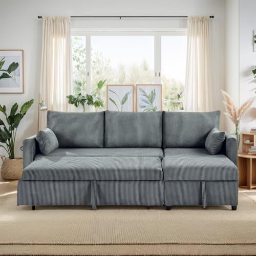 85" 3 Seats Sectional Sleeper Sofa with 3 in 1 Pull Out Bed, Gray