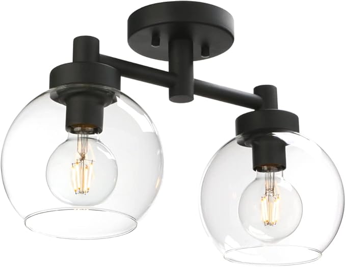 Pathson Glass Ceiling Light Fixtures, 2 Lights Globe Round Ceiling Lighting Lamp, Semi-Flush Mounted Ceiling Lights for Living Room Bathroom Hallway Loft Kitchen