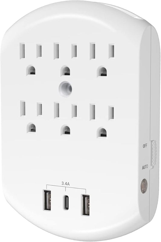 Clear Power 6 Outlet Extender Multi Plug Outlet Splitter, Nightlight, Wall Charger, 3-Prong, White, ETL Listed, DC3S-1005-DC