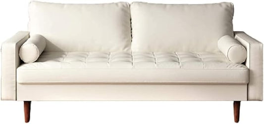 Container Furniture Direct Womble Mid Century Modern Couch with Bolster Pillows, PU Leather Upholstered Tufted Seat, Versatile Retro Design for Comfortable Living Spaces, Sofa, White