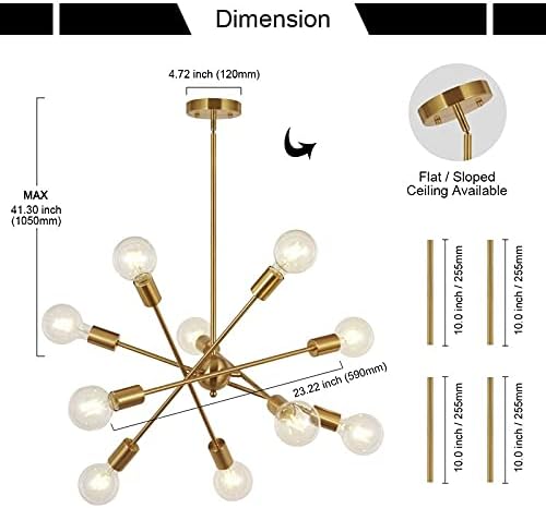 BONLICHT Modern 10 Light Sputnik Chandeliers Brushed Brass with Adjustable Arms Metal Kitchen Light Fixtures Gold Mid Century Pendant Lighting Vintage Industrial Ceiling Lights for Living Room