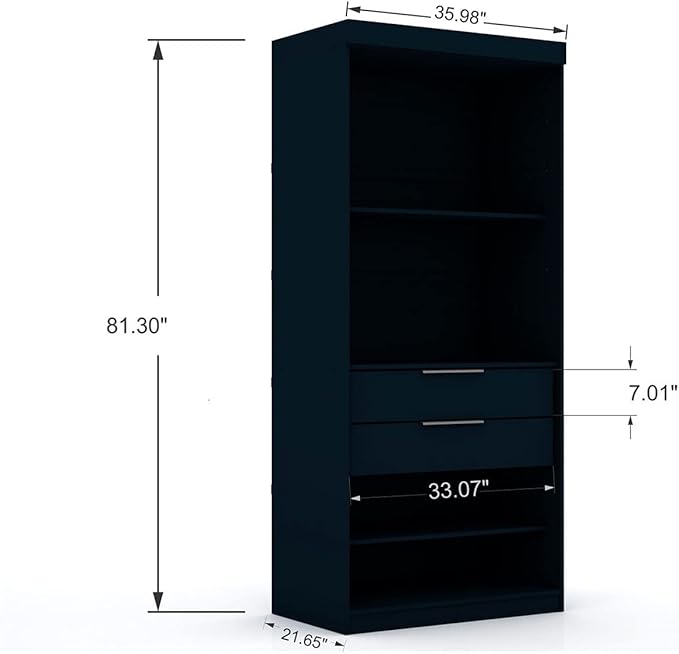 Manhattan Comfort Mulberry 2.0 Corner Wardrobe Closet with Drawers, Hanging Rods and Adjustable Shelves, 2-Piece Free Standing, Open Sectional Design for Bedrooms & Dressing Rooms, Midnight Blue