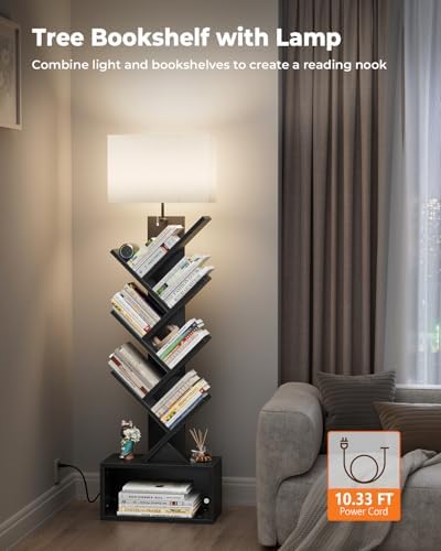 Evermagin 6 Tier Tree Bookshelf with Light, Bookcase, Black