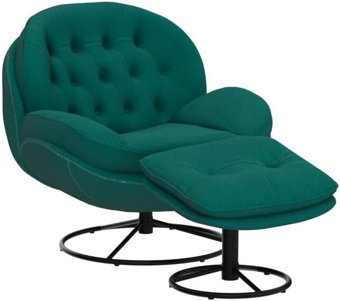 Velvet Swivel Accent Chair with Ottoman Set, Modern Lounge Chair with Metal Base Frame & Footrest, Comfortable Single Leisure Sofa Chair Reading Chair with 360 Degree Swiveling for Living Room, Green