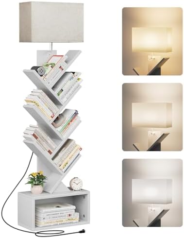 Evermagin 6 Tier Tree Bookshelf with Light, Bookcase, White
