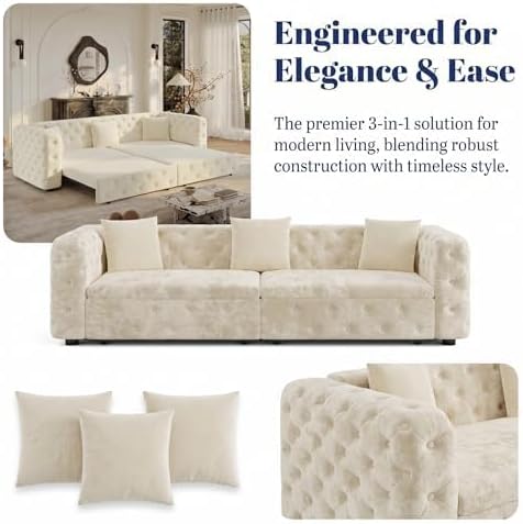 89" 4-Seater Queen Size Pull Out Sofa Bed with 3 Pillows, Beige