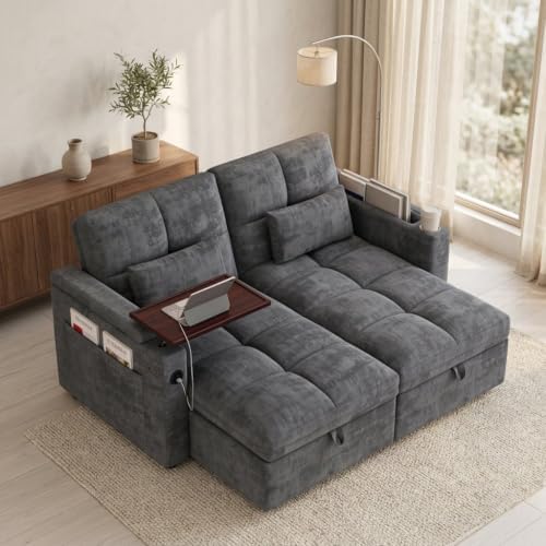 Convertible Sectional Sofa Bed with Storage, Tray & USB Port, Grey