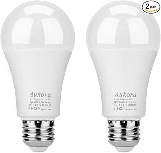 Aukora Dusk to Dawn Light Bulb, 12W (100-Watt Equivalent) Smart Sensor Light Bulbs Super Bright E26 Automatic On/Off Security Lights Outdoor/Indoor for Porch Garage Garden Patio(Cool White 2 Pack)