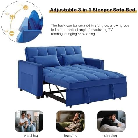 54" Convertible Pull Out Sofa Bed with Adjustable Backrest, Blue