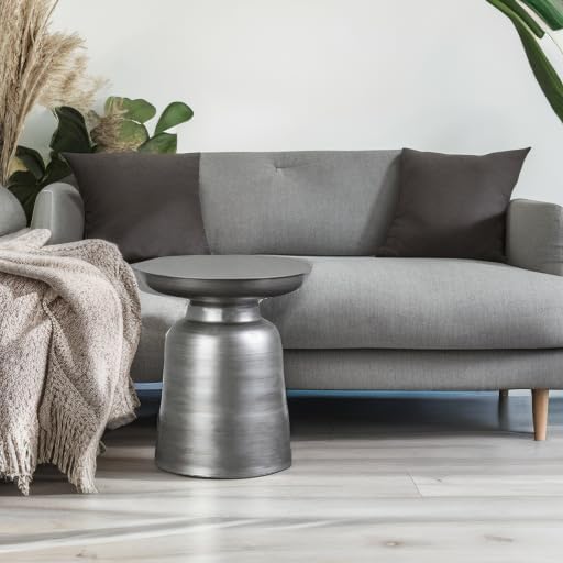 SIMPLIHOME Toby Metal Table - 17" Wide x 18" High Solid Iron Drum Accent Table in Silver, Industrial Side or End Table for Living Room, Bedroom or Entryway with Sculptural Design, Assembled
