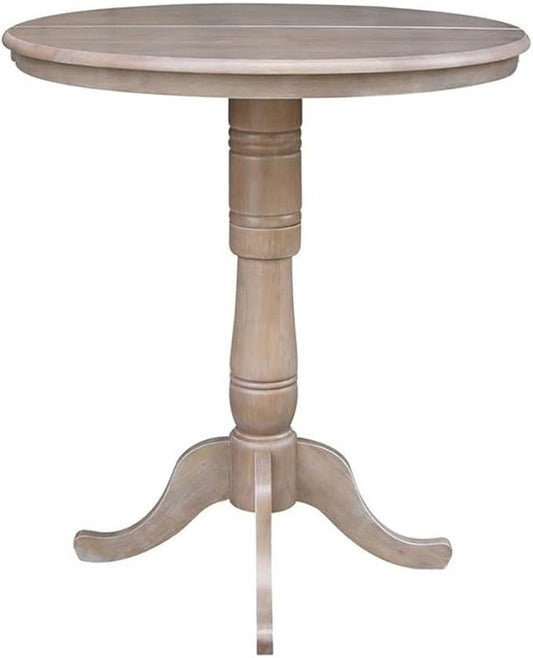 International Concepts 36" Round Top Pedestal Table with 12" Leaf-40.9" H-Dining, Counter, or Bar Height, Washed Gray Taupe