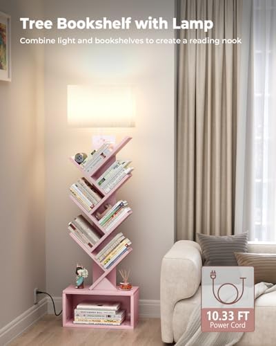 Evermagin 6 Tier Tree Bookshelf with Light, Bookcase, Pink