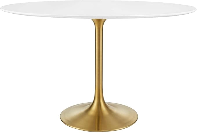 Modway Lippa 48" Oval-Shaped Mid-Century Modern Dining Table with White Wood Top and Gold Base