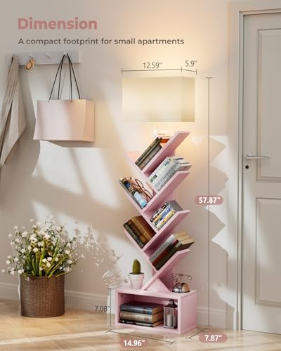 Evermagin 6 Tier Tree Bookshelf with Light, Bookcase, Pink