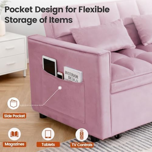 54" Convertible Pull Out Sofa Bed with Adjustable Backrest, Pink