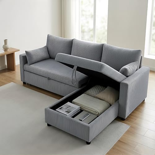 85" 3 Seats Sectional Sleeper Sofa with 3 in 1 Pull Out Bed, Gray
