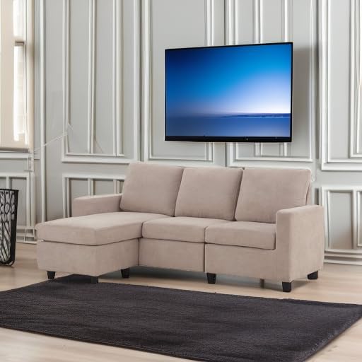 HONBAY L Shaped Couch with Linen Fabric,Convertible, Reversible Sectional Sofa for Small Space, Dark Beige