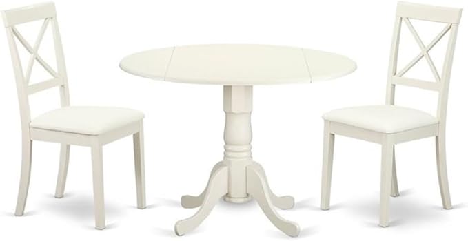 East West Furniture DLBO3-LWH-LC 3 Piece Modern Dining Table Set Contains a Round Wooden Table with Dropleaf and 2 Faux Leather Kitchen Dining Chairs, 42x42 Inch, Linen White