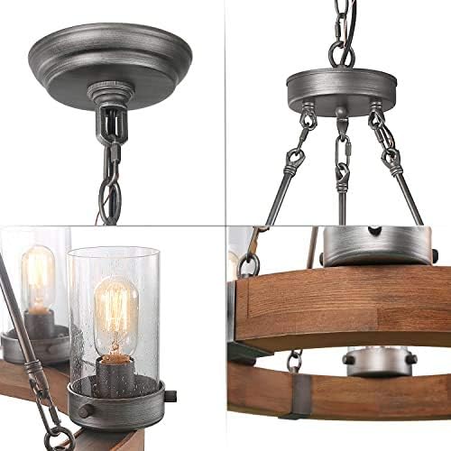 Farmhouse Wood Chandelier, Round Wagon Wheel Light Fixture with Seeded Glass Shades for Dining Room, Living Room, Bedroom, Kitchen Island and Foyer