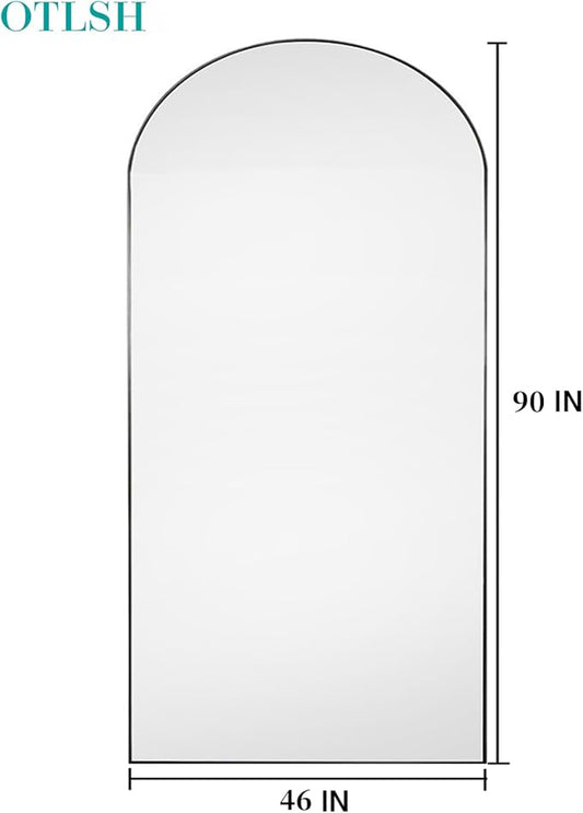 Floor Mirror, 90"×46" Arched Full Length with Stand, Standing, Full Body, Large, Wall, Freestanding, Aluminum Frame - Black