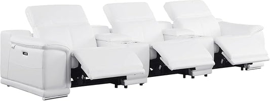 BlackJack Furniture Venice Top Grain Italian Leather Power Recline 5 Piece Sofa - 134" Theater Seating Modern Couch for Living Room Apartment Lounge Home with Adjustable Headrests & USB Port, White