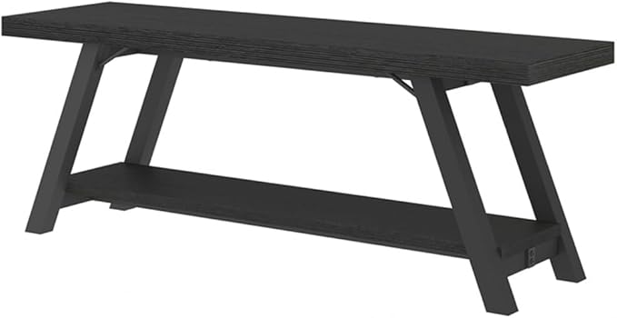 LVB Black Bench, Modern Storage Bench for Bedroom, Wood Metal Entryway Bench for Hallway Dining Living Room, Famrhouse Shoe Rack Indoor Accent Seating Benchs for Foyer Entrance, Black Oak 47 Inch Long