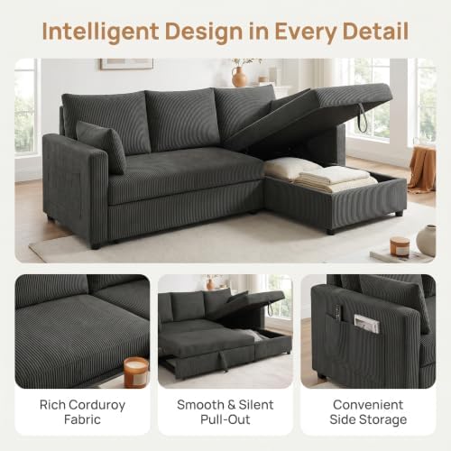 85" 3 Seats Sectional Sleeper Sofa with 3 in 1 Pull Out Bed, Black