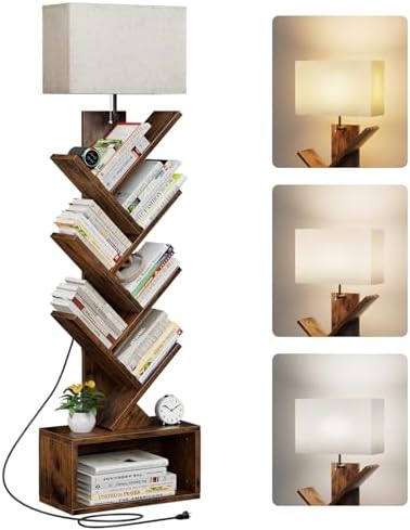 Evermagin 6 Tier Tree Bookshelf with Light, Bookcase, Rustic Brown