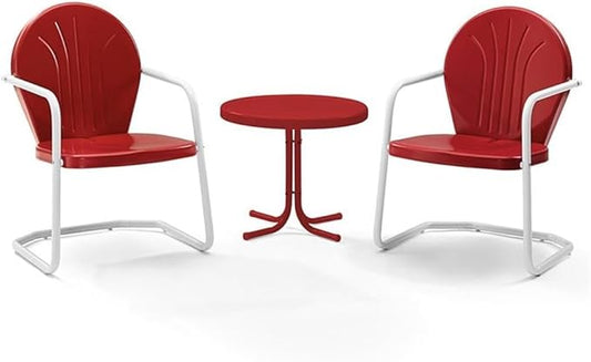 Crosley Furniture Griffith 3-Piece Outdoor Chair and Side Table Set, Retro Metal Bistro Patio Sets for Porch, Red