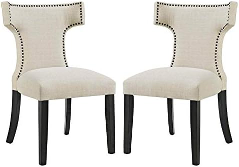 Modway Curve Mid-Century Modern Upholstered Fabric Two Dining Chair Set With Nailhead Trim In Beige