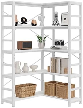 NUMENN 5 Tier Corner Bookshelf, Modern Corner Bookcase, Large Open Shelf Bookcase, Tall Bookshelves Storage Display Rack for Bedroom, Living Room and Home Office, White