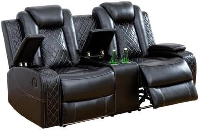 Air Leather Recliner Loveseat with Cup Holder&Storage Console, Reclining Couch for RV Living Room Home Theater (Black)