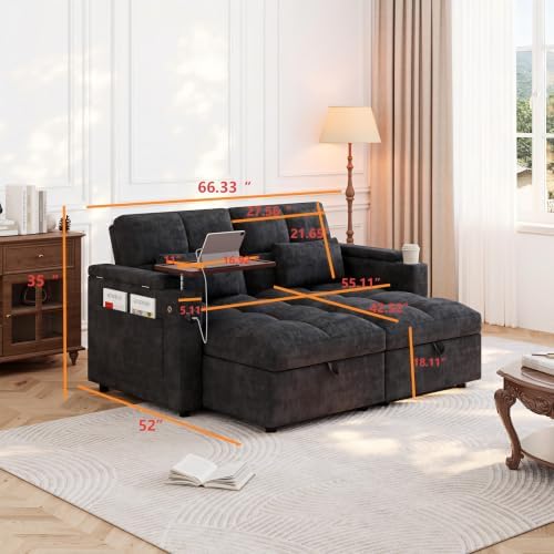 Convertible Sectional Sofa Bed with Storage, Tray & USB Port, Black