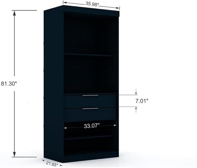 Manhattan Comfort Mulberry 2.0 Corner Wardrobe Closet with Drawers, Hanging Rods and Adjustable Shelves, 2-Piece Free Standing Semi Open Sectional Design for Bedrooms & Dressing Rooms, Midnight Blue