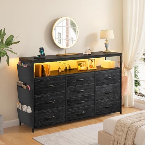 EnHomee 10-Drawer Dresser TV Stand for 55" TV with LED Lights, Power Outlets & Side Pockets (Black)