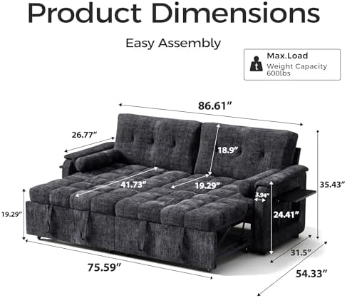 Convertible Sleeper Sofa Bed, 86 Inch Chenille Pull Out Couch with Side Table & Adjustable Backrest, Sectional Sleeper Sofa with Pull Out Bed for Living Room, Apartment, Black