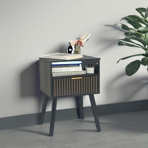 MaxSmeo Black Nightstand with Drawer, Mid Century Modern Bedside Table with Open Shelf Storage, End Table with Solid Wood Legs, Black