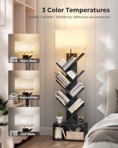 Evermagin 6 Tier Tree Bookshelf with Light, Bookcase, Black