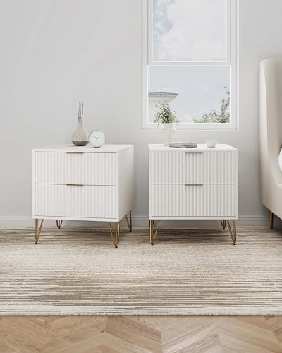 Manhattan Comfort Dumbo Modern Nightstand 2.0 with 2 Drawer and Metal Feet | Splayed Gold Legs | Vertical Ribbed Design | No Tool Assembly Storage for Bedroom, Set of 2, Set of 2, White