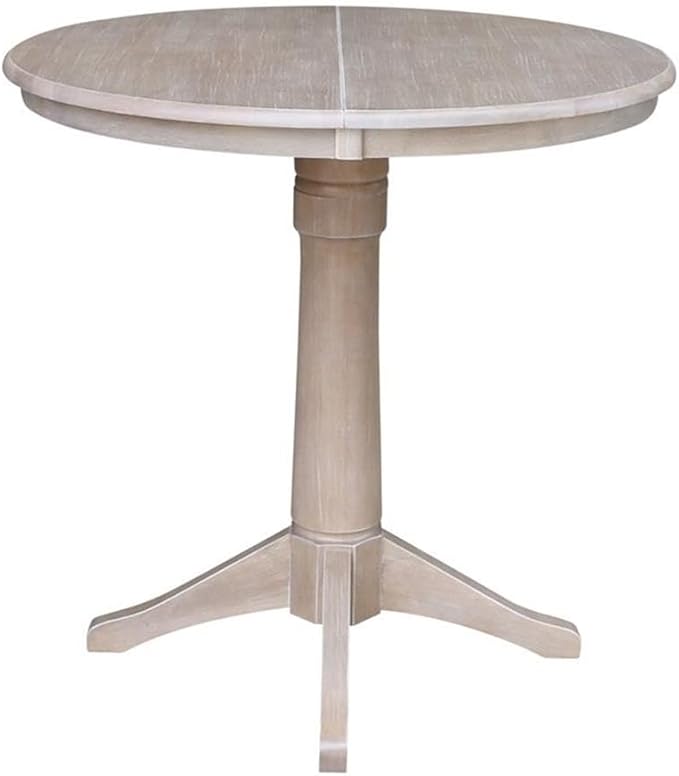 International Concepts 36" Round Top Pedestal Table with 12" Leaf-34.9" H-Dining or Counter Height, Washed Gray Taupe