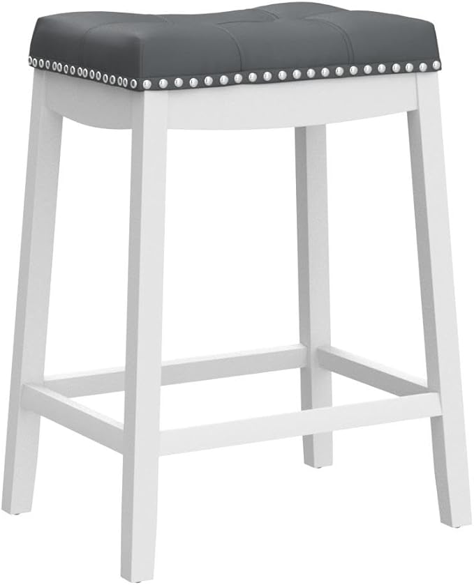 COSTWAY Bar Stools Set of 2, 24-Inch Height Backless Counter Stool with Footrest, Soft Seat Cushion, Wood Legs and Non-Slip Foot Pad, Saddle Stools for Home Kitchen Living Room, Stone Gray+White