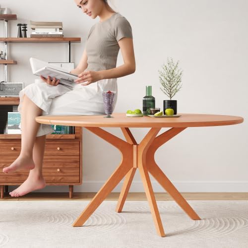 Bellemave Round Dining Table for 4-6, Solid Wood 47" Kitchen Table with Intersecting Pedestal Base, for Kitchen, Dining Room, Living Room (Honey)
